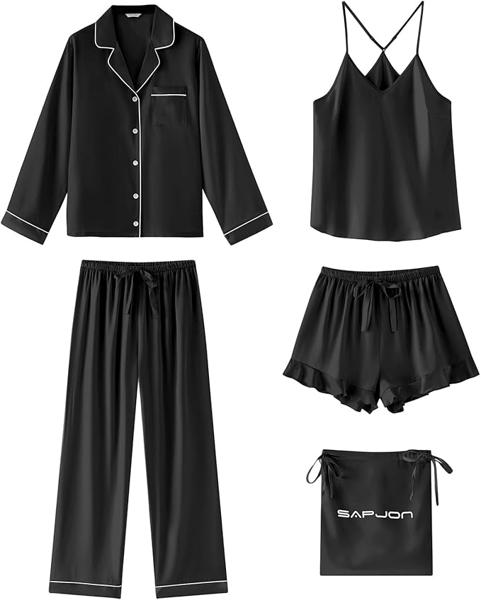 SAPJON Satin Silk Pajamas for Women Set 5PCS Classic Button Down Pajamas Top and Pants Cami and Ruffle Shorts Sleepwear