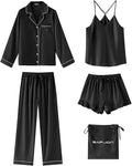 SAPJON Satin Silk Pajamas for Women Set 5PCS Classic Button Down Pajamas Top and Pants Cami and Ruffle Shorts Sleepwear