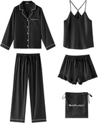SAPJON Satin Silk Pajamas for Women Set 5PCS Classic Button Down Pajamas Top and Pants Cami and Ruffle Shorts Sleepwear