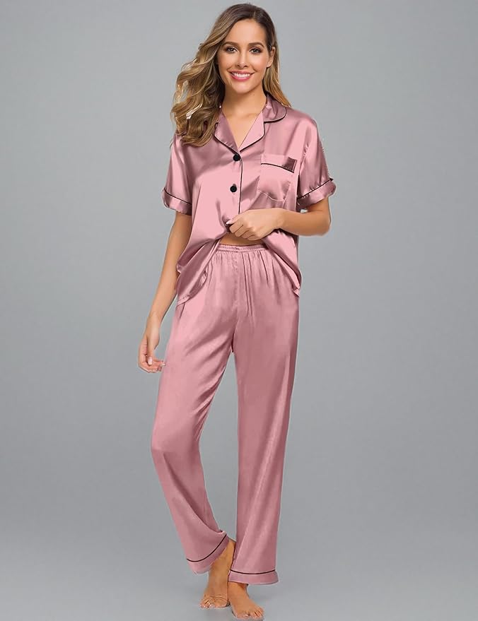 SWOMOG Women Satin Pajamas Set Short Sleeve Top & Pants Sleepwear Silky Button Down Nightwear 2pcs Loungewear Pjs Set