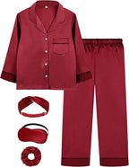 EPLAZA Kids Satin Pajamas Sets Girls Boys Button-Down Silky Pajamas Sleepwear with Hairband Eye Mask Hair Tie