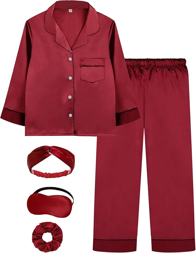 EPLAZA Kids Satin Pajamas Sets Girls Boys Button-Down Silky Pajamas Sleepwear with Hairband Eye Mask Hair Tie