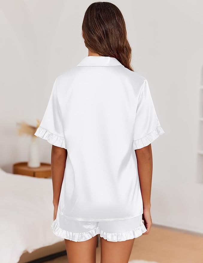 Ekouaer Satin Pajama Set for Women Button Down Silk 2 Piece Pj Sets Ruffle Short Sleeve Sleepwear