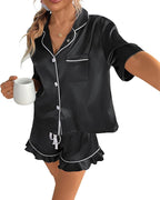 CHYRII Women's Silk Satin Pajamas Two Piece Pj Sets Short Sleeve Tops Ruffled Shorts Sleepwear with Magnetic Diffuser