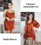 Ekouaer Women's Satin Robe Set Nightgown with Robes Silk Pajama Set 2 Pieces Lingerie Cowl Neck Cami Sleepwear Sets