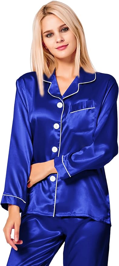 SWOMOG Womens Silk Satin Pajamas Set Long Sleeve Button Down Sleepwear 2 Piece Lounge Set Pj Set XS-3XL