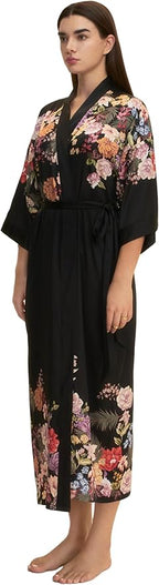 Kihnop Women's Floral Long Kimono Robe Long Satin Robe Long Silk Robe Ladies Kimonos Silky Bathrobe Cover Up, One Size
