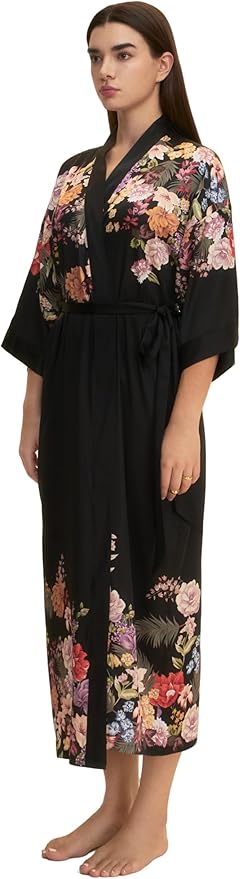 Kihnop Women's Floral Long Kimono Robe Long Satin Robe Long Silk Robe Ladies Kimonos Silky Bathrobe Cover Up, One Size