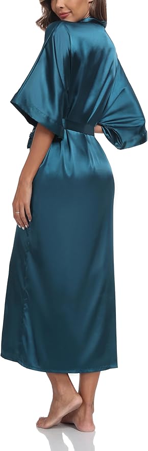 Women's Silk Robes Soft Long Satin Kimono Bathrobe Bride Bridesmaid Wedding Party Robes Sexy Sleepwear with Pockets