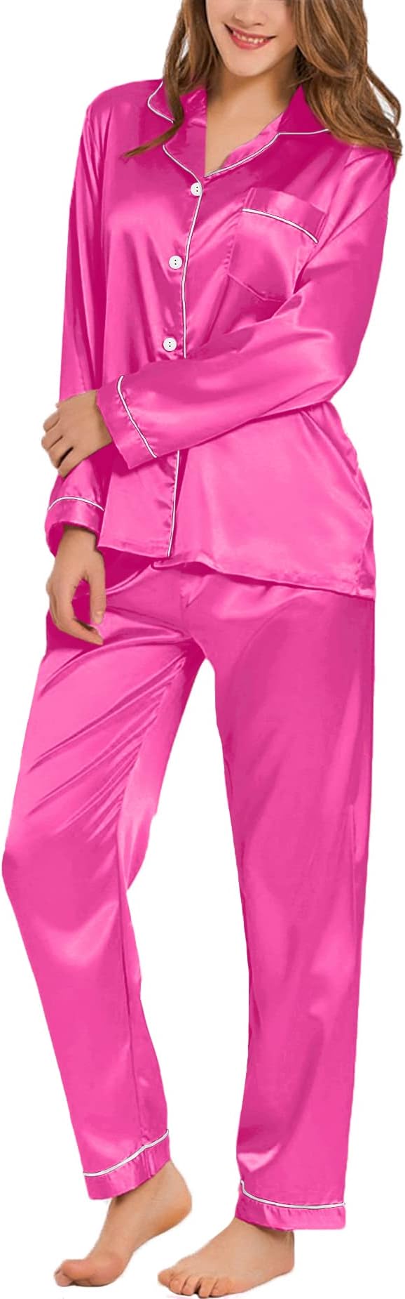 SWOMOG Womens Silk Satin Pajamas Set Long Sleeve Button Down Sleepwear 2 Piece Lounge Set Pj Set XS-3XL