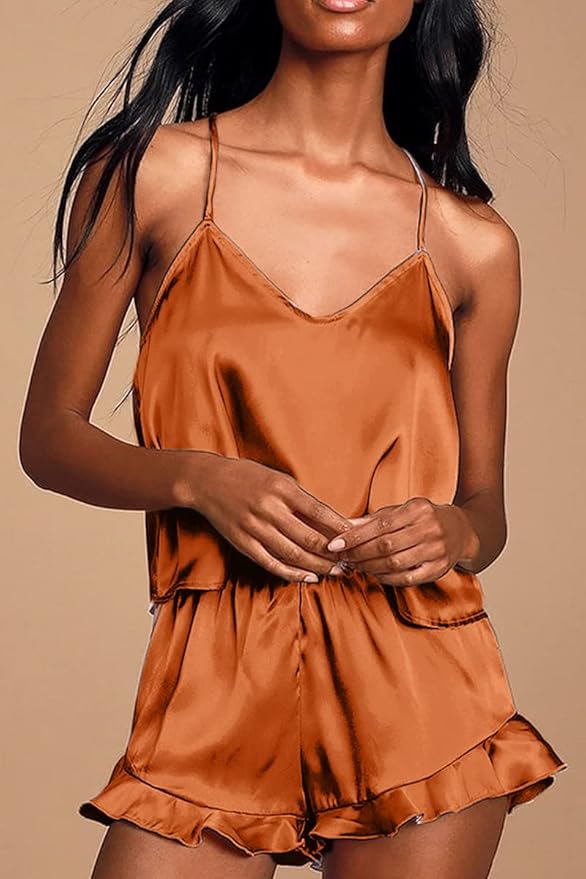CHYRII Women's Sexy Silk Satin Ruffled Pajamas Sets Cami Shorts Sets Sleepwear