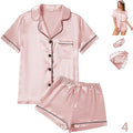 WJing Yi Jia 4Pcs Womens Satin Silky Pajama Sets Short Sleeve Shirt XS-4XL Floral Pajamas Set Soft PJ Loungewear Sleepwear