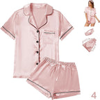 WJing Yi Jia 4Pcs Womens Satin Silky Pajama Sets Short Sleeve Shirt XS-4XL Floral Pajamas Set Soft PJ Loungewear Sleepwear