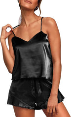Aamikast Womens Silk Satin Pajama Sets Sexy Cami Ruffled Shorts Sets 2 Piece Pjs Sleepwear