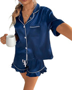 CHYRII Women's Silk Satin Pajamas Two Piece Pj Sets Short Sleeve Tops Ruffled Shorts Sleepwear with Magnetic Diffuser