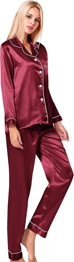 SWOMOG Womens Silk Satin Pajamas Set Long Sleeve Button Down Sleepwear 2 Piece Lounge Set Pj Set XS-3XL