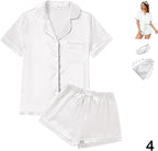 WJing Yi Jia 4Pcs Womens Satin Silky Pajama Sets Short Sleeve Shirt XS-4XL Floral Pajamas Set Soft PJ Loungewear Sleepwear