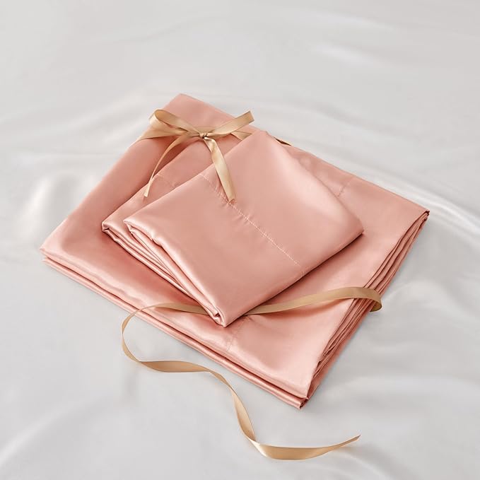BEDELITE Satin Sheets Twin XL Size Bed Set, Luxury Soft Coral Pink Silky Sheets for Hair and Skin, Similar to Silk Bed Sheets Set 3 Pieces with 1 Deep Pocket Fitted Sheet, 1 Flat Sheet, 1 Pillowcase