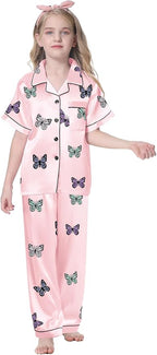 Umeyda Girls Womens Pajamas Set, Satin Silky Button Down Loungewear 2 Piece Short Sleeve Pants PJS Sets for Mommy Kids