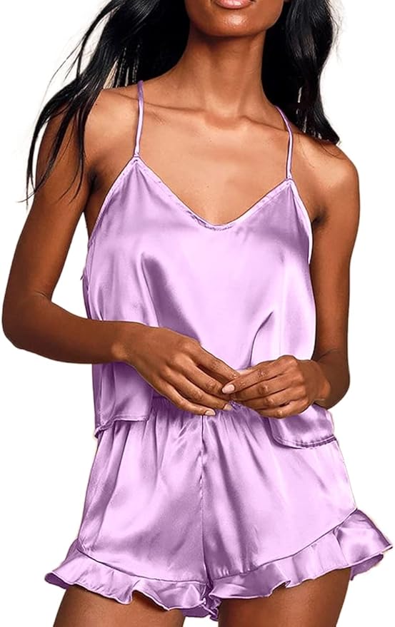 CHYRII Women's Sexy Silk Satin Ruffled Pajamas Sets Cami Shorts Sets Sleepwear
