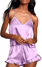 CHYRII Women's Sexy Silk Satin Ruffled Pajamas Sets Cami Shorts Sets Sleepwear