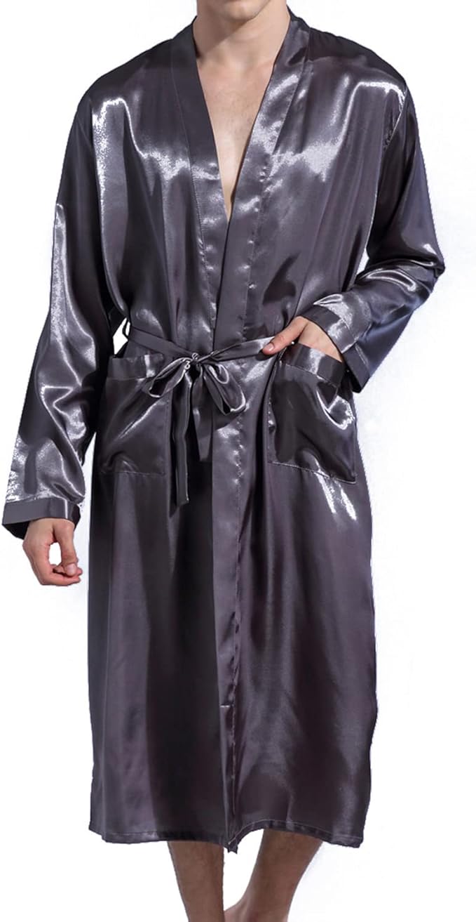 Previn Men's Satin Kimono Robe Long Spa Bathrobes Luxurious Silk Long Sleeve Loungewear