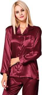 SWOMOG Long Sleeve Pajamas Set Silk Satin Sleepwear Button Down Pjs Loungewear with Pocket
