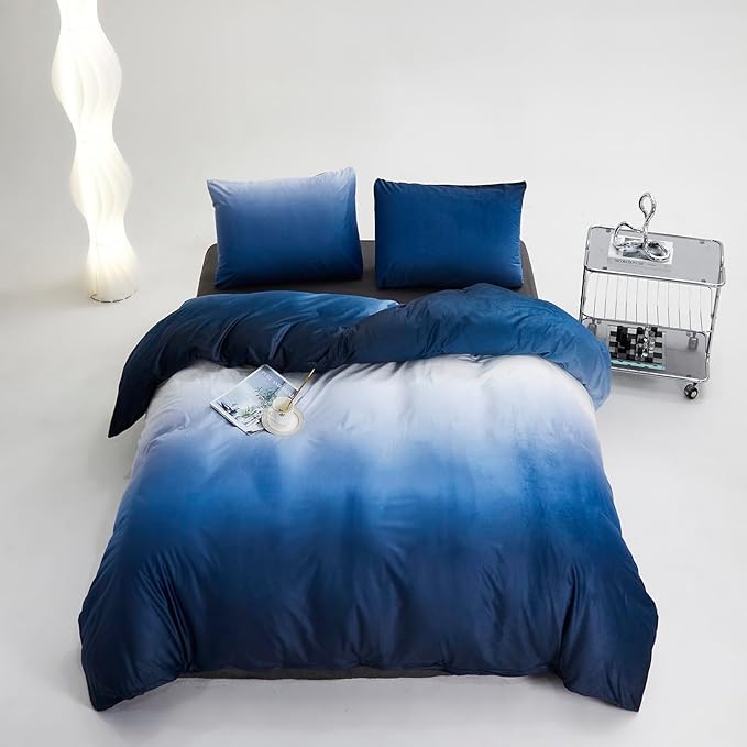 Luxlovery Blue Gradient Velvet Comforter Queen Fluffy Plush Flannel Bedding Set Queen Size Men Women Army Blue White Sherpa Micromink Blanket Quilts Warm Winter Warm Abstract Comforter Set