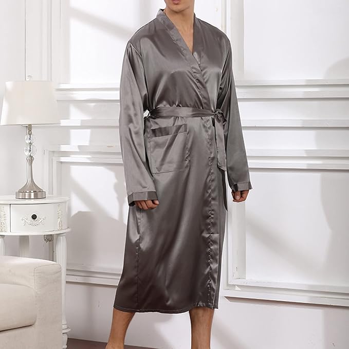 Men's Satin Robe Silky Bathrobe Soft Comfy Casual Bathrobe Fashion Comfy Solid Color Long Loungewear with Pocket
