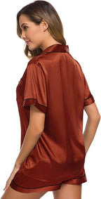 SWOMOG Womens Silk Satin Pajamas Set Short Sleeve Sleepwear Button Down Top and Shorts Loungewear 2 Piece Pjs Set XS-3XL