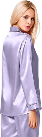 SWOMOG Womens Silk Satin Pajamas Set Long Sleeve Button Down Sleepwear 2 Piece Lounge Set Pj Set XS-3XL