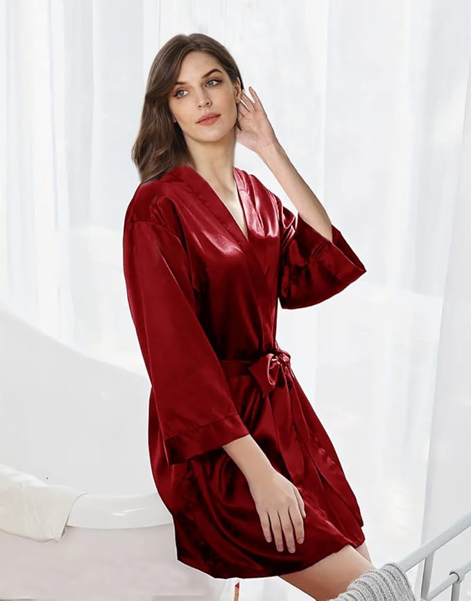 WJing Yi Jia Womens Satin Kimono Robe Silky Robes Floral Bathrobe Bride Bridesmaid Wedding Bridal Dressing Gown Loungewear