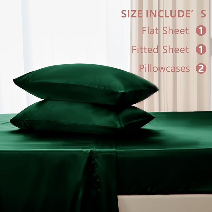 CozyLux Satin Sheets King Size Sheet Set - 4 Piece Silky King Sheets, Luxury Dark Green King Bed Set with Smooth and Soft Microfiber, Includes 1 Fitted Sheet, 1 Flat Sheet and 2 Pillowcases