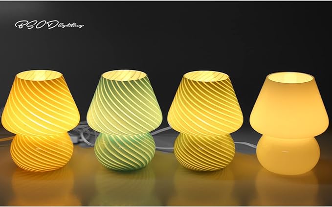 BSOD Glass Mushroom Bedside Table Lamp, Yellow Translucent Murano Vintage Style Striped Small Nightstand Desklamp Swirl Light for Home Decor, Dining, Living, Bedroom, Gift (Stripe Yellow)