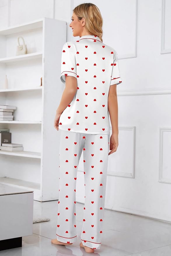 Umeyda Girls Womens Pajamas Set, Satin Silky Button Down Loungewear 2 Piece Short Sleeve Pants PJS Sets for Mommy Kids