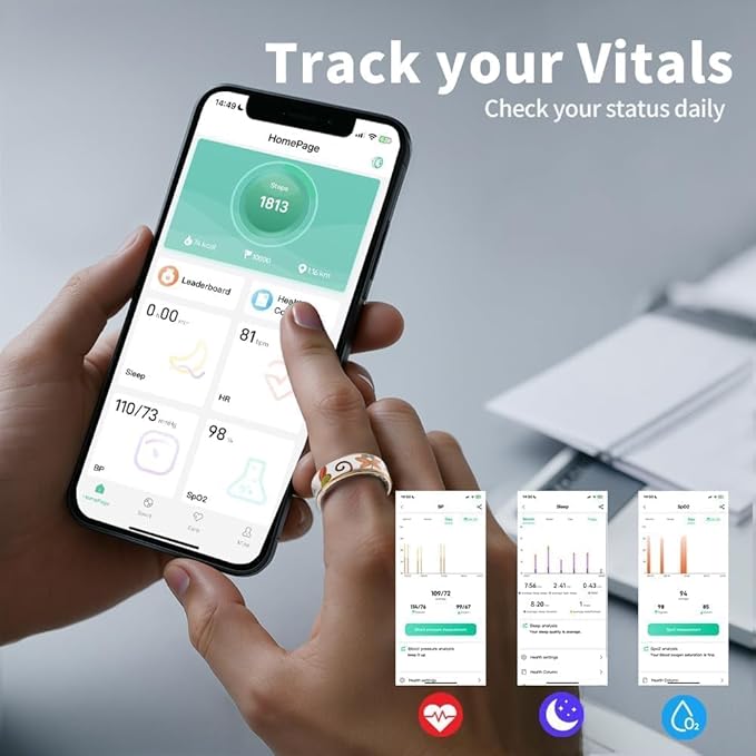 Smart Ring for Women & Men, Fitness Tracker with Heart Rate, SpO2, Blood Pressure & Sleep Monitoring, IP68 Waterproof, Long Battery Life, No Monthly Fees, for iPhone Android (10#&Floral)