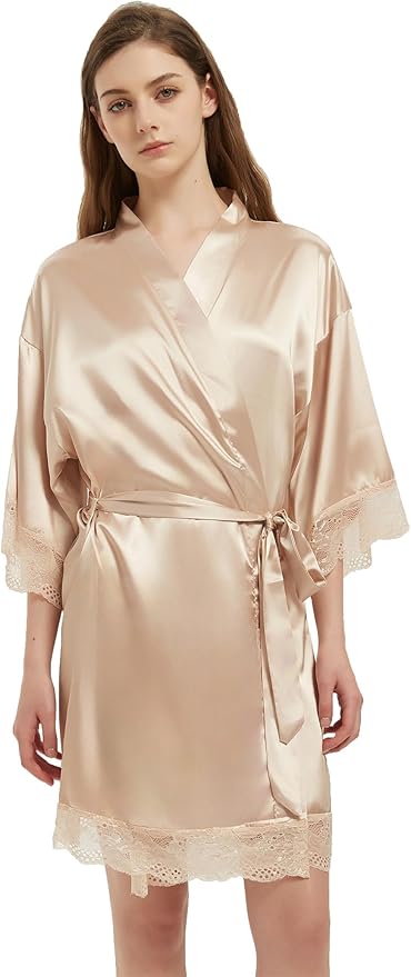 Kihnop Women's Satin Robe Silk Robe Lace Bridal Robes for Bride Bridesmaid Robes Silky Bathrobe Getting Ready Sleepwear