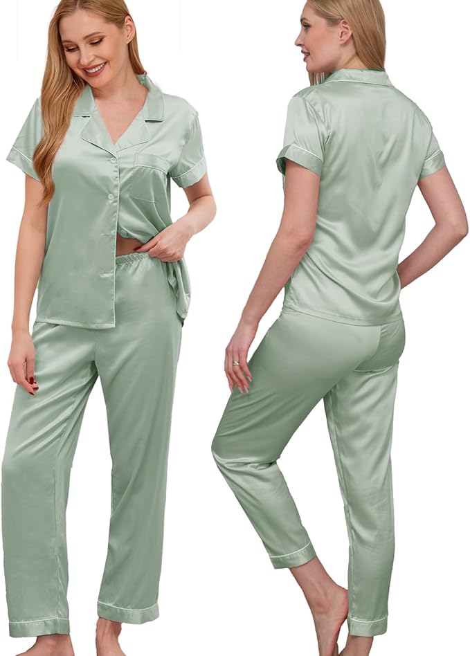 WJing Yi Jia Womens Pajamas Set XS-4XL Floral Silk Satin Pajama Sets Silky Pj Sets 2Pcs Loungewear Sleepwear Button Down Pjs