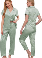 WJing Yi Jia Womens Pajamas Set XS-4XL Floral Silk Satin Pajama Sets Silky Pj Sets 2Pcs Loungewear Sleepwear Button Down Pjs