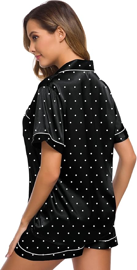 SWOMOG Womens Silk Satin Pajamas Set Short Sleeve Sleepwear Button Down Top and Shorts Loungewear 2 Piece Pjs Set XS-3XL