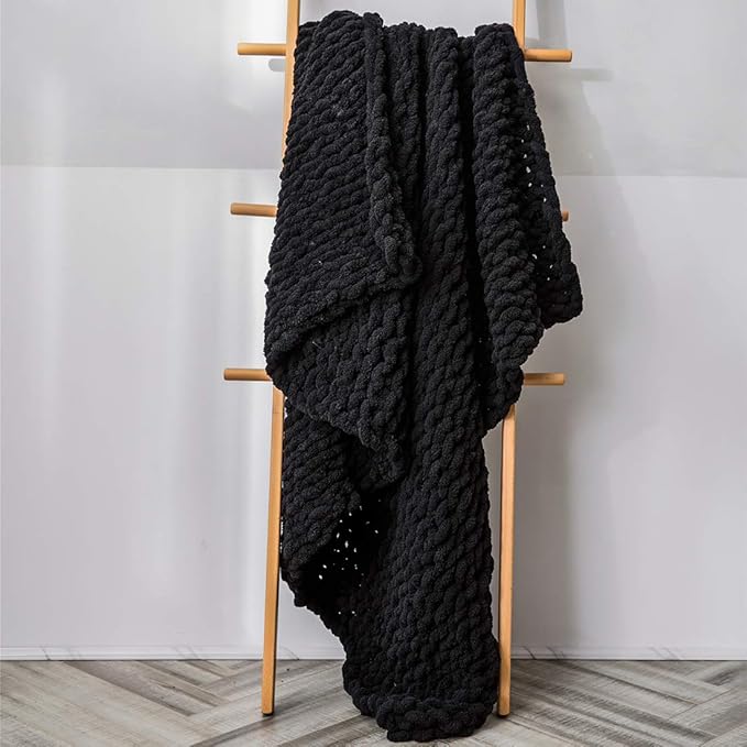 vctops Boho Chenille Chunky Knit Throw Blanket Super Soft Warm Cozy Hand Knit Blankets for Couch Bed Sofa Chair (Black,51"x63")