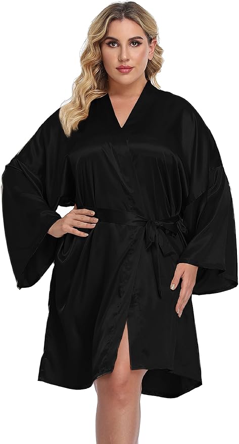 Women's Plus Size Satin Kimono Robes Short Silk Bathrobe Bridesmaid Wedding Party Nightgown Sleepwear