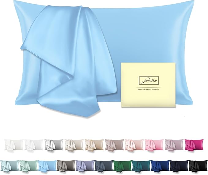 Natural Mulberry Silk Pillowcase for Hair and Skin Queen Size 20"X30" Pillow Case with Hidden Zipper Soft Breathable Smooth Cooling Silk Pillow Covers for Sleeping (Sky Blue,Queen,1Pcs)