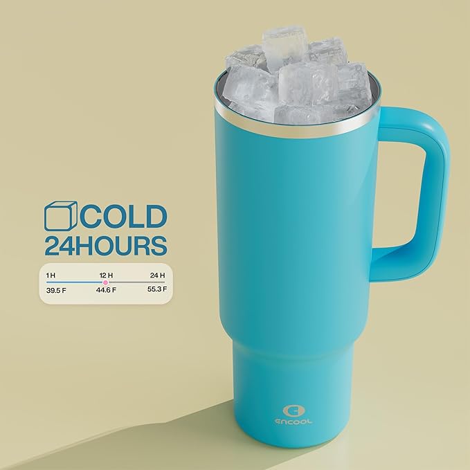 40 oz Tumbler with Handle and Straw: Stainless Steel Insulated Tumbler Keeps Cold for 24 Hours, Leakproof Travel Cup Fits in Cup Holder and BPA-Free,Azure Blue