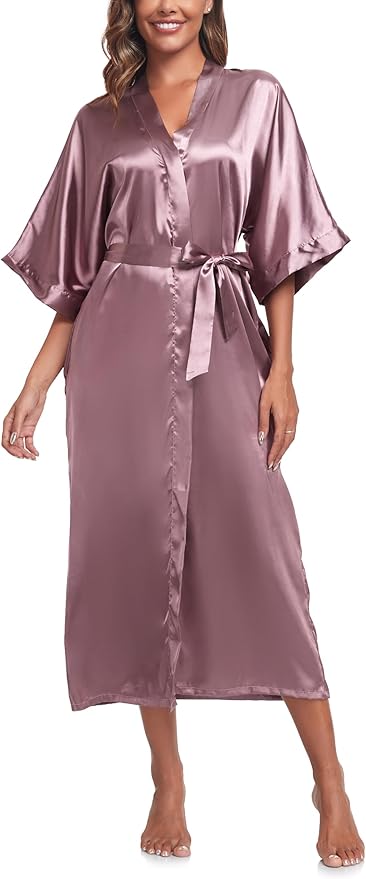 Womens Long Silky Robe Satin Kimono Robes Silk Bathrobe for Wedding Party Full Length Dressing Gown