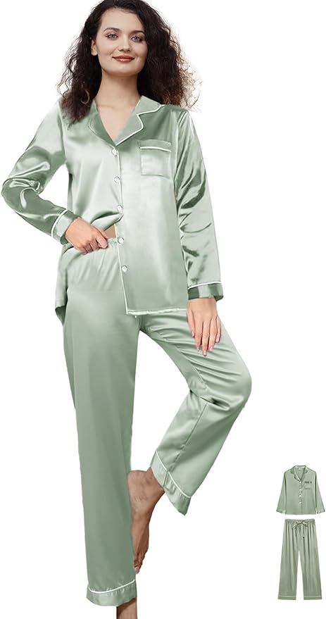 WJing Yi Jia 3Pcs Satin Pajama Sets For Women XS-3XL Womens Silk Pajamas Set Silky Sleepwear Nigtwear Loungewear Long Pj Set