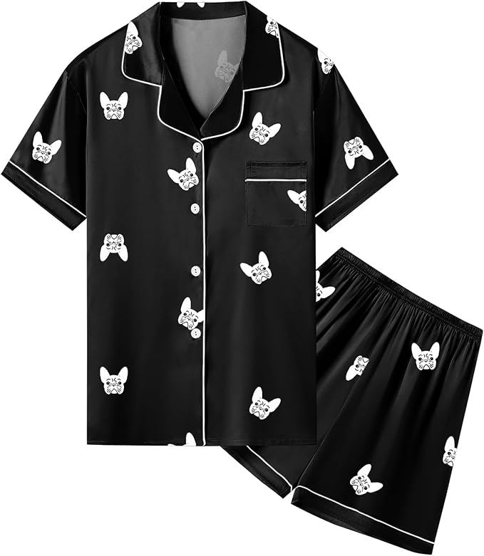 Umeyda Women & Girls Pajamas Set, Soft Satin Lightweight Silk Button-Down Top with Shorts 2 Piece PJS for Mom Boys Kids Gifts