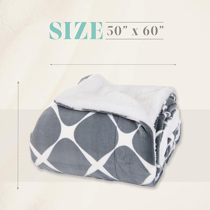 Elegant Comfort Throw Blanket, Reversible Sherpa Flannel, Ultra-Soft, Fuzzy, Cozy and Plush- All Season Lightweight Decorative Throw, 50 x 60 inches, Ogee Pattern Sherpa Throw, Silver Gray