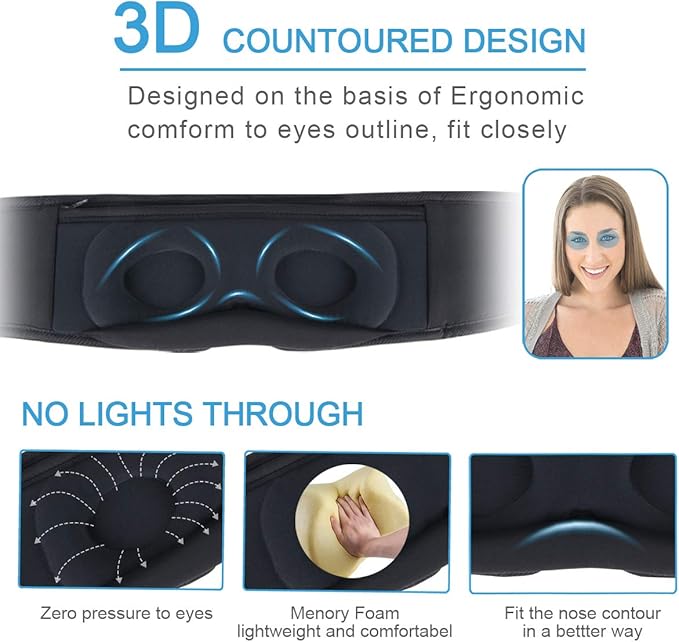 Sleep Headphones, Update Wireless 3D Eye Mask with Ultra-Thin HD Stereo Speakers for Side Sleepers, Air Travel, Meditation and Relaxation Black