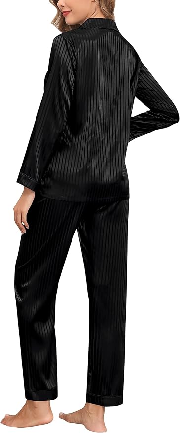 SWOMOG Womens Silk Satin Pajamas Set Long Sleeve Button Down Sleepwear 2 Piece Lounge Set Pj Set XS-3XL